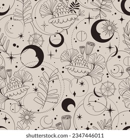 Mystic celestial seamless pattern - magic flowers, leaves, abstract shapes, moon and stars in monochrome black and beige, esoteric vector reapiting motives on background for wrapping, textile