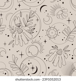 Mystic celestial seamless pattern - magic flowers, moon and stars in monochrome light beige color, esoteric vector repeating motives on background for wrapping, textile, scrapbook paper