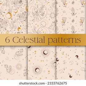 Mystic celestial seamless pattern set - magic flowers, moon and stars in monochrome, esoteric vector reapiting motives on background for wrapping, textile, scrapbook paper