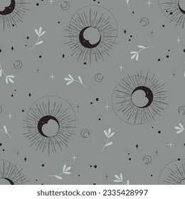 Mystic celestial seamless pattern set - magic flowers, crescent moon and stars in monochrome, esoteric vector reapiting motives on background for wrapping, textile