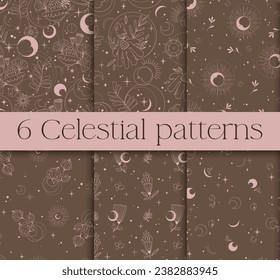 Mystic celestial seamless pattern set - magic flowers, moon and stars in monochrome, esoteric vector reapiting motives on background for wrapping, textile, scrapbook paper