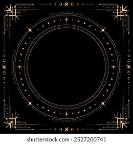 Mystic celestial square frame with golden line border and magic elements , vector background. Celestial square frame with Y2K star twinkles and abstract sacred geometry design for esoteric Tarot cards