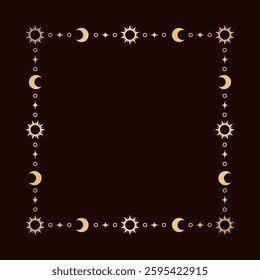 Mystic celestial square golden frame with sun, stars, moon phases, crescents and copy space. Ornate magical background.