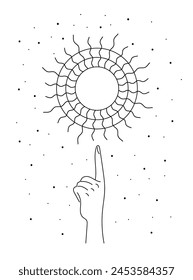 Mystic celestial summer solstice sun rays sign levitate over woman hand. Spirituality equinox holiday linear symbol. Esoteric tattoo or logo outline sketch. Boho style summertime vector eps logotype