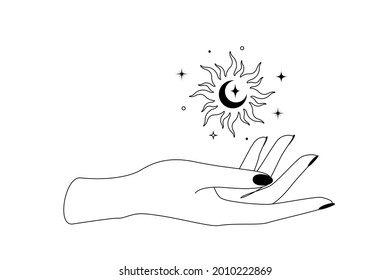 Mystic celestial sun with crescent moon over woman hand outline silhouette. Vector illustration of Boho Witch and Magic symbol