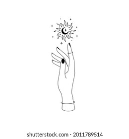 Mystic celestial sun with crescent moon constellations over woman hand outline silhouette. Vector illustration of Boho Witch and Magic symbol