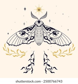 mystic cicada moth outline. eyes silhouette on wings. esoteric spiritual elements