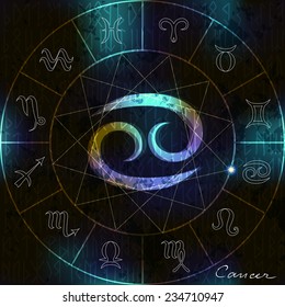 Mystic circle with Cancer astrological symbol in center