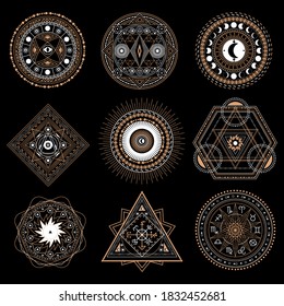 Mystic Circle Symbol, Spiritual Tattoo Or Esoteric Geometry Drawing. Magical Graphic Element, Witchcraft Mystery Emblem Or Astrology Horoscope Ornament Vector Illustration Isolated On Dark Background