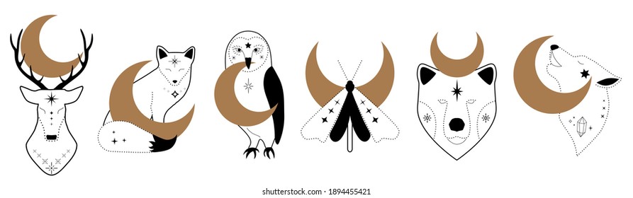 Mystic Collection Of  Woodland Animals With Crescent Moon. Moth, Bear, Wolf, Fox, Deer, Owl. Celestial Elements. Vector Magic Animal Set. Boho Woodland Wildlife