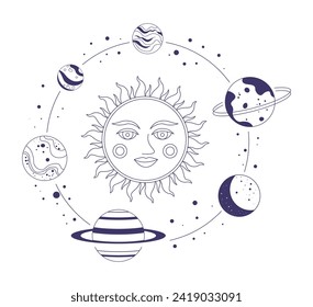 Mystic composition of sun character with planets and cosmos luminaries on orbit floating in circle. Galaxy and universe, magic and esoteric events, isolated icon composition. Vector in flat style