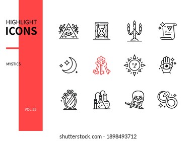 Mystic concept - line design style icons set. Magic, ritual, alchemy and esoteric objects and accessories. Hourglass, candle, scroll, moon, key, sun, mirror, flask, skull and dagger, snake symbols