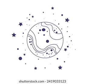 Mystic cosmic celestial body, isolated icon of simple planet with lines texture. Stars and constellations, decorative dots for modern minimalist composition, magic and astrology. Vector in flat style