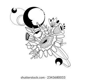 Mystic cosmic flowers and crescent moon print, magic floral clip art of plants and moons, black and white celestial or space composition, illustration in vector for cards, t-shirt