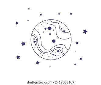 Composición mística del cosmos con estrellas aisladas y planeta, cuerpo celestial con líneas. Alquimia mágica y esotérica, símbolos astrológicos y elementos de diseño. Vector en ilustración de estilo plano