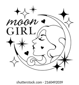 Mystic crescent moon with female face.Silhouette design with Moon girl for print, engraving, tattoo or sublimation Witchcraft, astrology and boho style elements: stars, devine omens