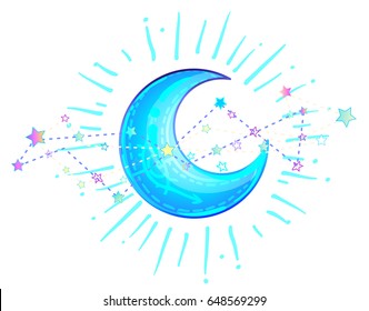 Mystic Crescent Moon. Hand-drawn vector illustration over deep background. Trendy magic print, alchemy, religion, spirituality, occultism. Rainbow colors.