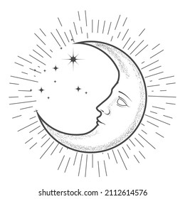 Mystic crescent, new moon with face, astrological symbol of spiritual and esoteric, vector