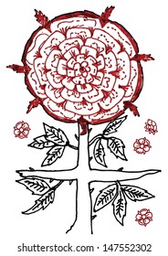 Mystic cross - rose emblem, vintage rose vector floral composition drawing.