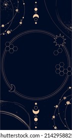 mystic dark background with golden circle and honeycomb, esoteric, cosmic and astrology elements with planet orbits