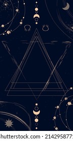 mystic dark background with golden triangle, esoteric, cosmic and astrology elements