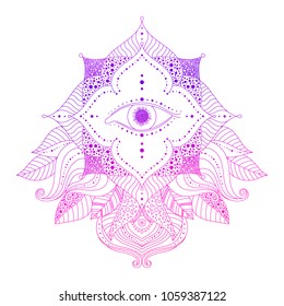 Mystic decorative element - seeing eye in floral frame, pink and violet colored. Psychedelic, esoteric, magical symbol, line art. Vector isolated illustration for web design, prints, tattoo.