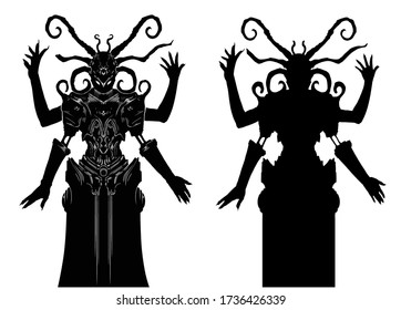 A mystic demon with many arms and horns engaged in a spiral, his eyes are glowing, and his body is dressed in armor with many patterns . 2D illustration