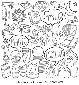 Mystic doodle icon set. Magic Vector illustration collection. Esoteric Banner Hand drawn Line art style.