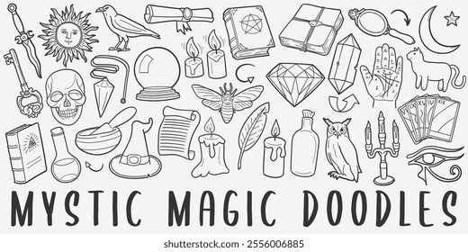 Mystic doodle icon set. Magic Vector illustration collection. Esoteric Banner Hand drawn Line art style.	