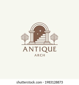 mystic doorway logo, antique arch architecture entrance and stairway icon, with door, window and palm trees in contemporary aesthetic boho style 