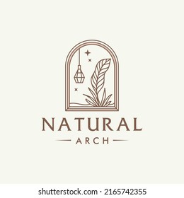 mystic doorway logo, antique arch architecture entrance and window icon, with minimal hanging lamp, window and natural leaves in contemporary aesthetic boho style 