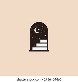 Mystic doorway logo design template concept with doorway silhouette with stairways and dark starry background with the moon. Vector illustration