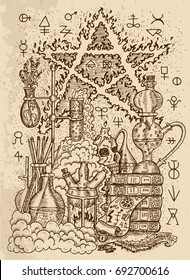 Mystic drawing with alchemical symbols, skull, fire pentagram and laboratory equipment on texture background. Occult and esoteric vector engraved illustration, tattoo gothic and wicca concept