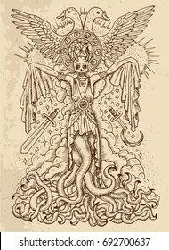 Mystic drawing with evil goddess or demon with tentacles, skull and spiritual symbols on texture background. Occult and esoteric vector engraved illustration, tattoo gothic and wicca concept