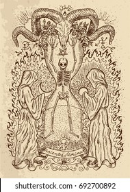 Mystic drawing with human skeleton, monks, devils head and spiritual symbols on texture background. Occult illustration. Latin text Nascentes Morimur means From the moment we are born we begin to die