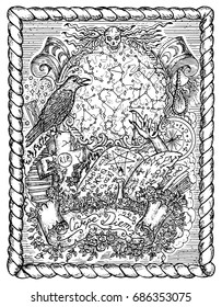 Mystic drawing with magic book, zodiac constellations and spiritual symbols in frame. Occult and esoteric vector illustration, tattoo gothic concept. Latin text Carpe Diem means Seize the Day