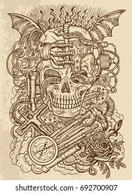 Mystic drawing with scary skull, steampunk symbols, rose, demon wings, cross, cogs and wheels on texture background. Occult and esoteric vector engraved illustration, tattoo gothic and wicca concept