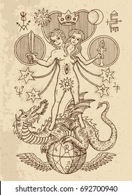 Mystic drawing with spiritual and alchemical symbols, androgyne, twins or Gemini concept on texture background. Occult and esoteric vector engraved illustration, tattoo gothic and wicca concept