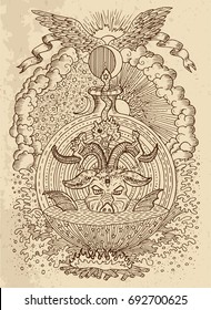 Mystic drawing with spiritual and christian religious symbols, Devil, Eve and Adam, hell and paradise on texture background. Occult and esoteric vector engraved illustration, tattoo gothic concept