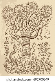 Mystic drawing with spiritual and christian religious symbols, snake, tree of knowledge and forbidden fruit on texture background. Occult and esoteric vector illustration, tattoo gothic concept