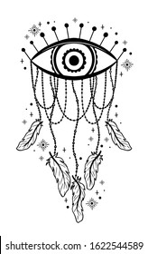 Mystic dream Catcher eyes.Hand draw vintage line style.Boho ethnic amulet.Vector illustration.