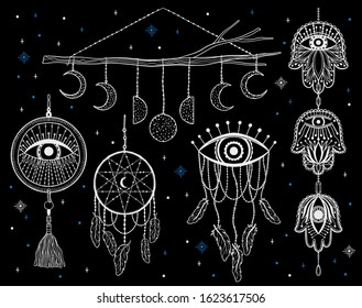 Mystic dream Catcher.Hand draw vintage line style.Boho ethnic amulet.Vector illustration.