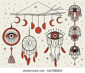 Mystic dream Catcher.Hand draw vintage line style.Boho ethnic amulet.Vector illustration.