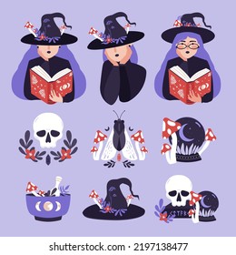 Mystic elements collection in flat style. Set magic illustrations of witch, skull, sphere, old book, witch hat, magic herbs, plants, potion. Vector isolated witchcraft magical cliparts.