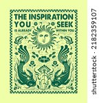 mystic elements fish, flowers, sun illustration with slogan in postage stamp style