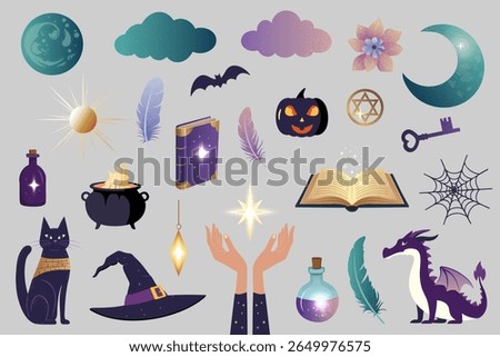 Mystic elements for halloween. Fantasy magic set with spellbook, moon, feathers, amulets, witch hands and dragon.