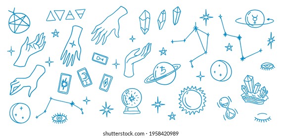 Mystic Elements Thin Line Icon Set Include of Moon, Hand, Sun, Crystal and Tarot Cards. Vector illustration of Esoteric Icons