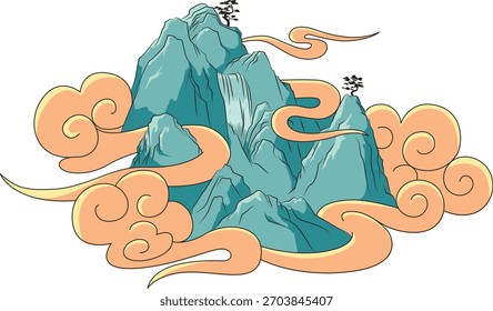 Mystische Smaragd-Gebirgskette umgeben von fließenden goldenen Wolken im orientalischen Fantasy-Stil
