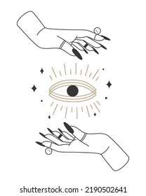 Mystic esoteric Boho poster with witch hands and all-seeing eye. Spiritual witchcraft arms with rings holding eye symbol. Magic bohemian amulet between palms. Fortune telling power vector