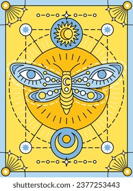Mystic esoteric minimalist print. Occultism and religion. Creativity and art in boho style. Galaxy and universe. Colorful butterfly. Template and layout. Cartoon flat vector illustration